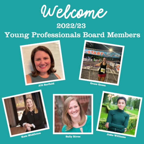 Image with the headshots of the five new members of YPB with the text "Welcome 2022-23 New Young Professionals Board Members"